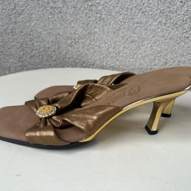 Vintage Onex bronze leather slides shoes heels sandals gold rhinestones accents Sz 37 