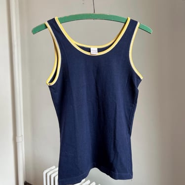 60’s vintage navy blue, yellow and white contrast stitch knit tank top 