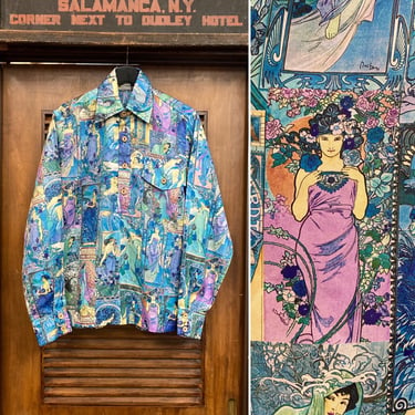 Vintage 1970’s Alphonse Mucha Art Nouveau Poly Disco Hawaiian Shirt, 70’s Pullover, Vintage Clothing 