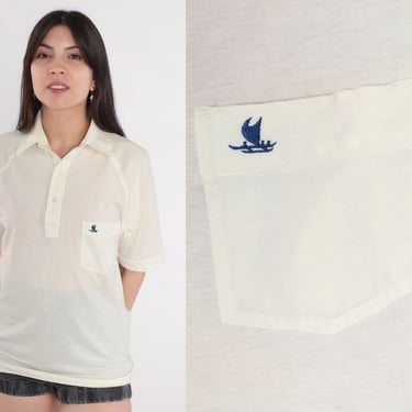 Catamaran Polo Shirt 80s Off-White Collared Shirt Retro Boat Half Button Up Top Short Raglan Sleeve Preppy Collar Vintage 1980s Medium M 