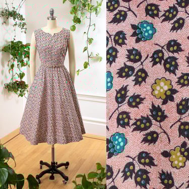 Vintage 1950s Sundress | 50s Fruit Berries Novelty Print Cotton Fit and Flare Sleeveless Summer Day Dress | small 