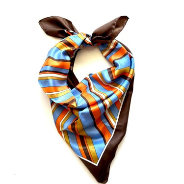 Vintage 70s Striped Silk Scarf Brown Orange Blue Bandanna Hair Accessory 