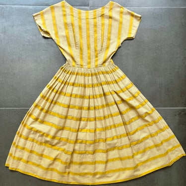 50s Mustard Yellow Gingham Lattice Striped Cotton Day Dress Size XXS 