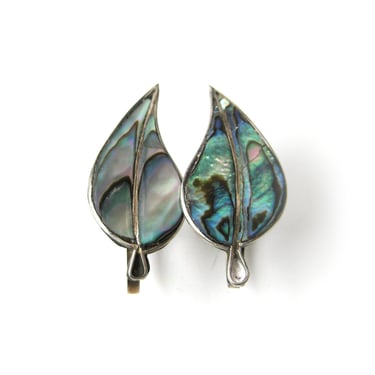 Vintage Taxco Mexico Sterling Silver Leaf Earrings with Mother of Pearl Inlay, Abalone Inlay Jewelry, Boho Chic Style, Gift for Her 