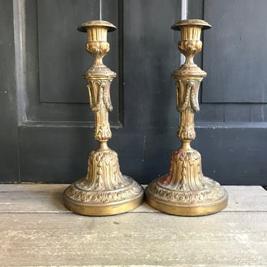 French Gilded Ormolu Candlestick Pair, Ornate Gilt, Brass, Bronze, Timeworn Rustic Decor, Chateau Decor 