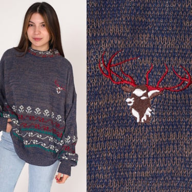 80s Playboy Sweater Blue Brown Flecked Knit Pullover Sweater Geometric Floral Print Embroidered Elk Acrylic Vintage 1980s Extra Large xl 