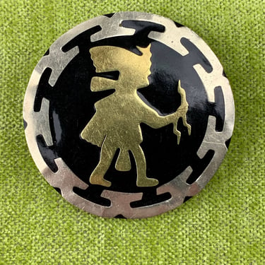 1940's-50's Aztec Warrior Brooch - Black Resin with Silver Inlay - Locking Clasp - Large 2-1/4 Inch Diameter - Handmade in Alpaca, Mexico 