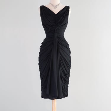 Scandalous 1950's Black Chiffon Cocktail Dress With Hourglass Silhouette / Small