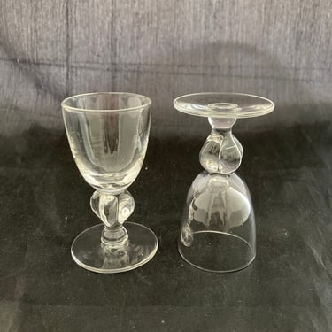 Set of 2 Vintage Mid Century Modern Cut Crystal TINY 1 OZ Cordial Glasses, Art Deco Sherry Port Liqueur Amaro Stemmed Shot Glasses Ball Stem 