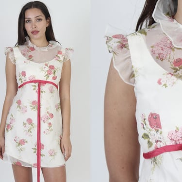 Sheer Rose Floral Chiffon Mini Dress, Vintage 70s Garden Print Micro Sundress, Cocktail Party High Waisted Retro Frock 