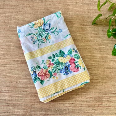 Vintage Westpoint Stevens Yellow Gingham & Floral Twin Flat Sheet - Cottage Style Bedding 