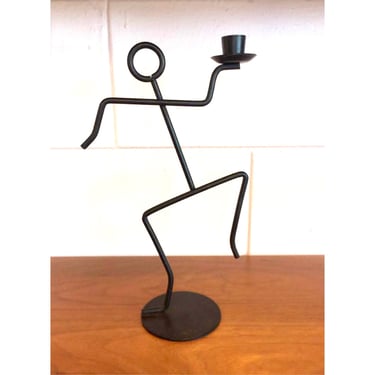 Vintage 1980s Pair of Post Modern Memphis Styled Black Metal Dancing Man Candle Holders By Scardy 