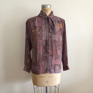 Purple/Mauve Geometric Print Blouse with Neck Flounce Detail - 1980s 