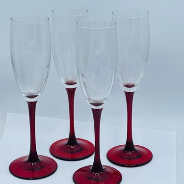 Vintage (4) Arcoroc Luminarc  France Champagne Glasses set Red Stem Stemmed -Nice Condition 