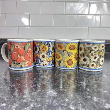 Farmhouse Blue Floral Coffee Mug set of 4, Designed by Susan Winget International China 1996, Red Tulips, Sunflowers, Daisy's and 