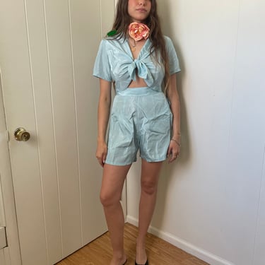 1940s Baby Blue Rayon Satin Two-Piece Set Tie Top and High Waisted Shorts size Small 