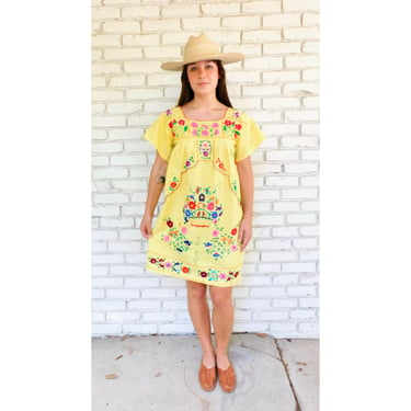Hand Embroidered Dress // vintage sun Mexican hand embroidered floral 70s boho hippie cotton hippy yellow Oaxacan mini midi // S Small 