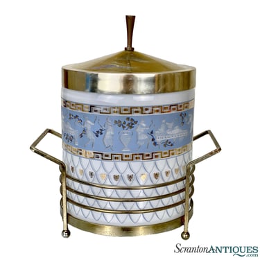 Mid-Century Greek Motif Glass Biscuit Jar Ice Bucket w/ Gold Serving Caddy