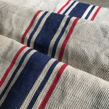 1 French Grain Sack, Blue Red Stripe, Flour, Historical Upholstery, Pillow Sewing Fabric 