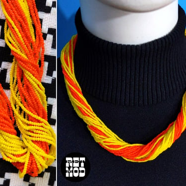 DEADSTOCK Fabulous Vintage 60s 70s Yellow & Orange Multi-Strand Glass Seed Beaded Chunky Statement Necklace 