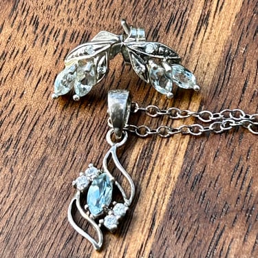Vintage Sterling Silver Blue Topaz Rhinestone Jewelry Set Necklace Earrings Avon 