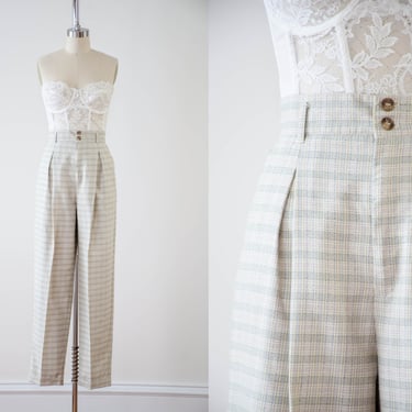 high waisted pants | 80s 90s vintage pastel pink blue beige plaid checkered pleated dark academia trousers 
