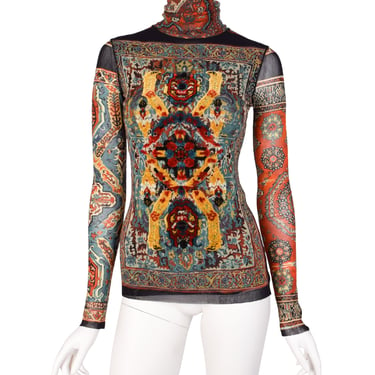 Jean Paul Gaultier Vintage Chenille Embroidery Embellished Rug Print Mesh Top