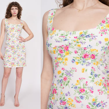 80s White Floral Mini Sheath Dress - Small | Vintage Sleeveless Fitted Sundress 