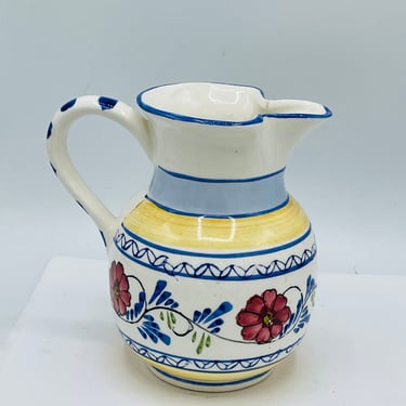 Small hand painted pitcher- blue yellow and red flowers- 5.5" tall- Chip Free 