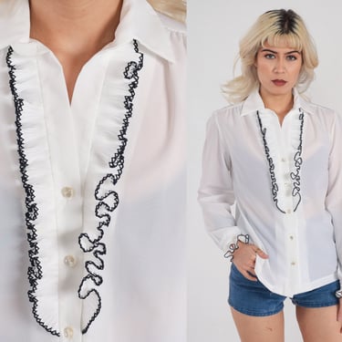 70s Tuxedo Shirt Semi-Sheer White Ruffle Blouse Button Up Top Black Trim Secretary Shirt Preppy Victorian Long Sleeve Vintage 1970s Medium M 