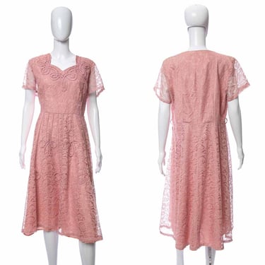 1960's Dusty Rose Floral Lace and Swirl Piping Detail Knee Length Dress Size XL