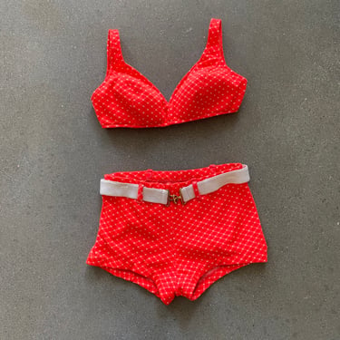 1960s Sears Two Piece Swimsuit / Vintage Red Polka Dot 2 Piece Bathing Suit / Red and White Gingham 2 Pc Swimsuit Small / Swimsuit with Belt 