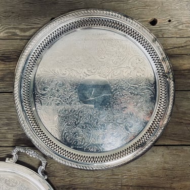 15” F B Rogers Silver Company Vintage Silverplate Tray Round Perforated Moroccan Style Etched Swirl Pattern Serving Tray Silver Plate Tray 
