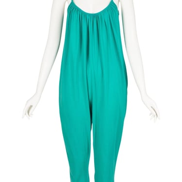 Kenzo 1980s Vintage Turquoise Cotton Jersey Sleeveless Jumpsuit Sz S M 