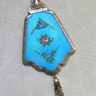 Large Antique Art Deco 1920's Sterling Enamel Pendant; Antique Guilloche Enamel Pendant with Tassle, HFB Sterling Pendant (#4501) 