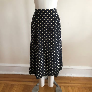Black and Tan Dot Print Silk Midi-Skirt - 1980s 