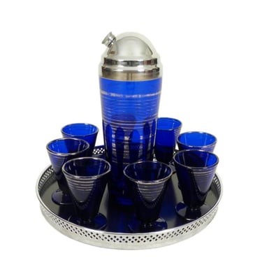 Art Deco Cobalt Blue Glass Cocktail Set