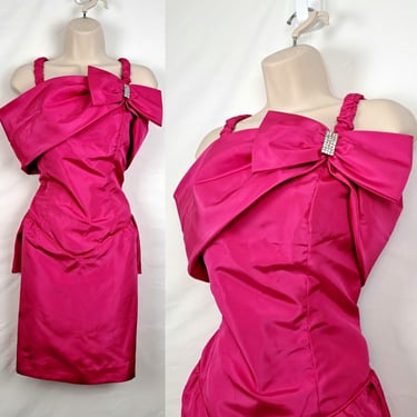 Vintage 80s Hot Pink Prom & Party Dress, Size Large 