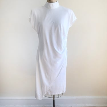 Short-Sleeve, White Mock-Neck Dress with Waist Gather - 1980s 