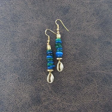 Stacked mother of pearl shell earrings, blue, green and gold 