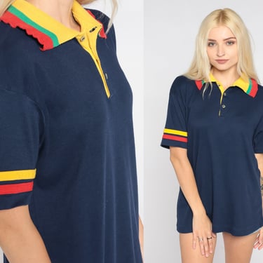 Navy Blue Polo Shirt 80s Collared Tshirt Preppy Basic Short Sleeve Striped Top Streetwear Red Yellow Green Vintage 1980s Medium Large 