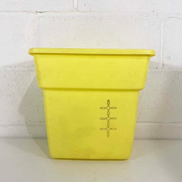 Vintage Sunshine Yellow Trash Can Basket Waste Plastic Textured Gold Detail Ornate 1970s 