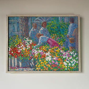 1980's Vintage Modernist Garden Flowers Landscape Oil Painting, Signed 