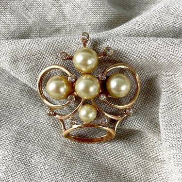 Atomic crown brooch with pearls and rhinestones - 1950s vintage 