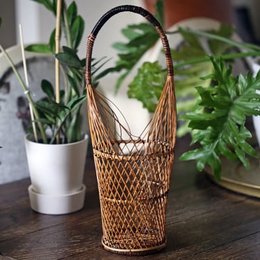 Vintage Wicker Wine Basket with Handle | Woven Bamboo Bottle Holder Caddy 