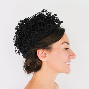 1950s Black Hat | 50s Black Lace Squares Hat | Maria Pia New York 