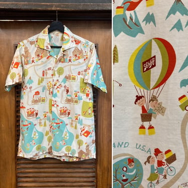 Vintage 1950’s Schlitzerland Schlitz Beer Cotton Hawaiian Shirt, 50’s Cartoon Print, 50’s Loop Collar Shirt, Vintage Clothing 