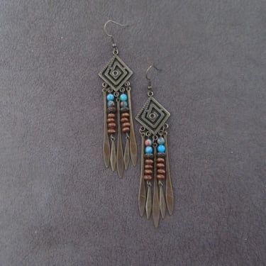 Chandelier earrings, wooden and jasper boho chic earrings, ethnic tribal gypsy earrings, exotic statement southwest earrings 2 