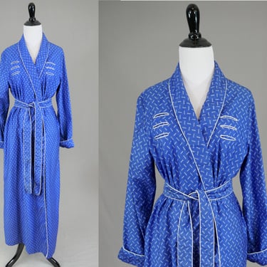 Vintage Wrap Front Robe - Blue w/ Trios of White Crescents - Matching Belt - JC Penney - Vintage 1980s - L 