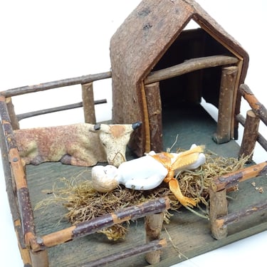 Antique German Nativity Twig Stable with Baby Jesus in Manger,  Cow, Fence, Vintage Hand Made  for Putz or Christmas Nativity, Germany 